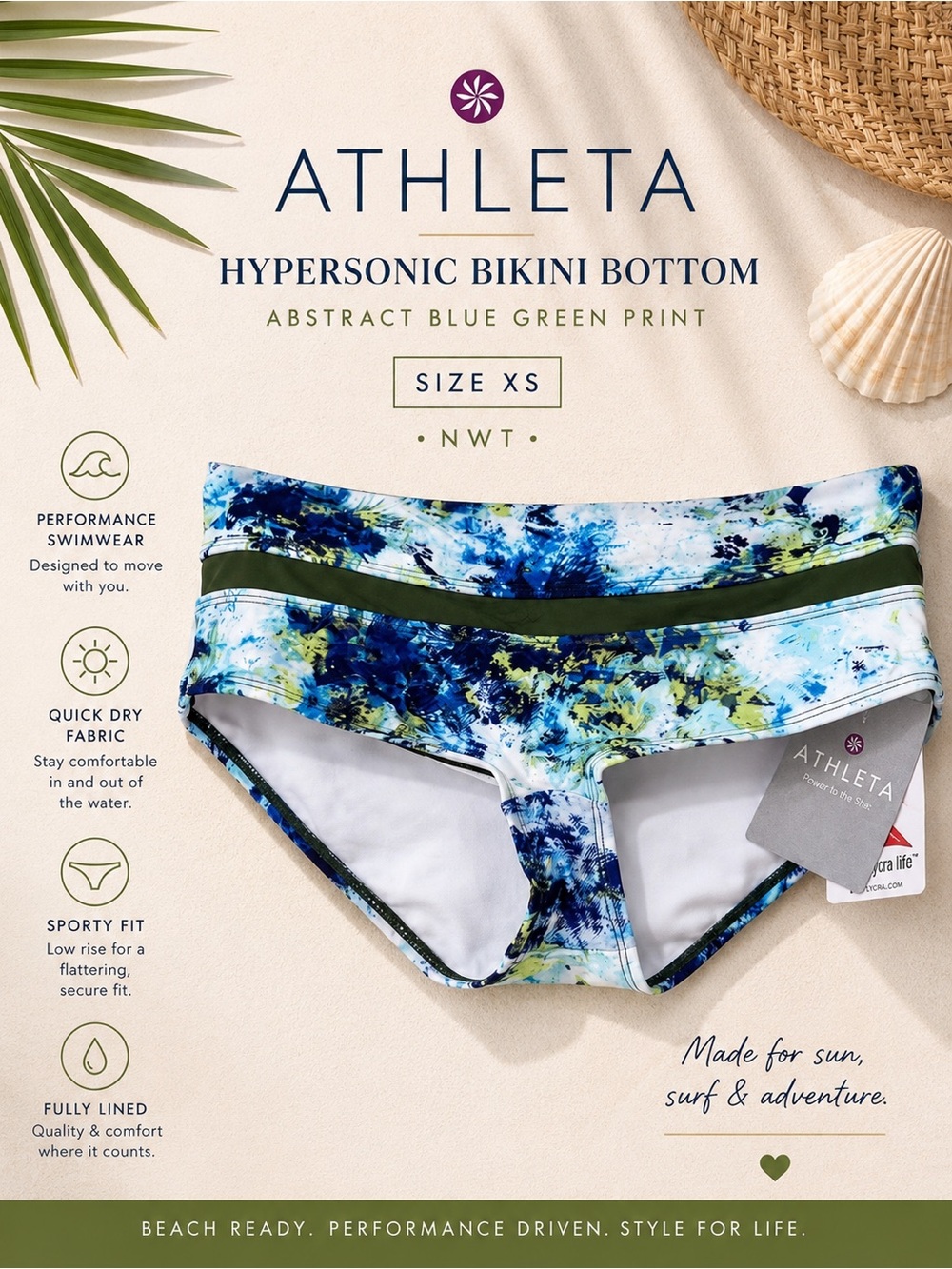 Athleta Hypersonic Bikini Bottom Abstract Blue Green Print XS NWT